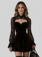 LAURE™║Mini vestido ajustado con mangas de encaje y ribete de terciopelo