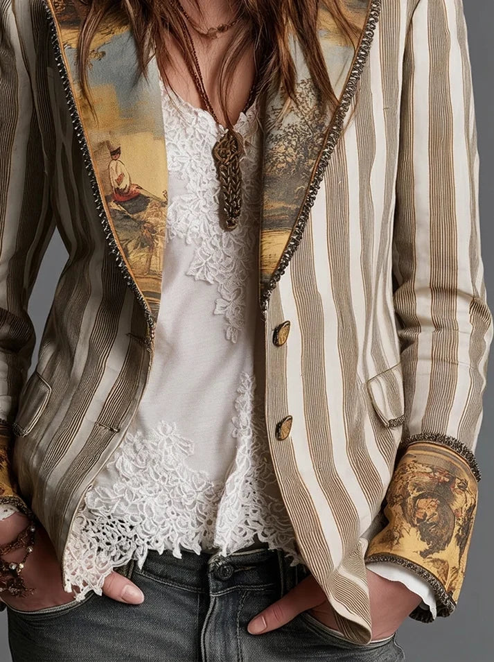 Sara | Blazer Bohémien a Righe con Colletto Stampato