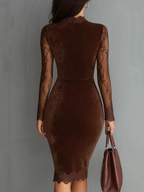 GIOIA™║Mini vestido de terciopelo con cuello vintage y mangas de encaje marrón