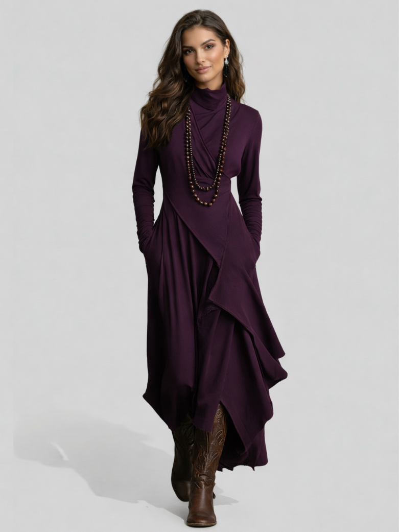 AURELIA™║Vestido largo plisado asimétrico con cuello alto
