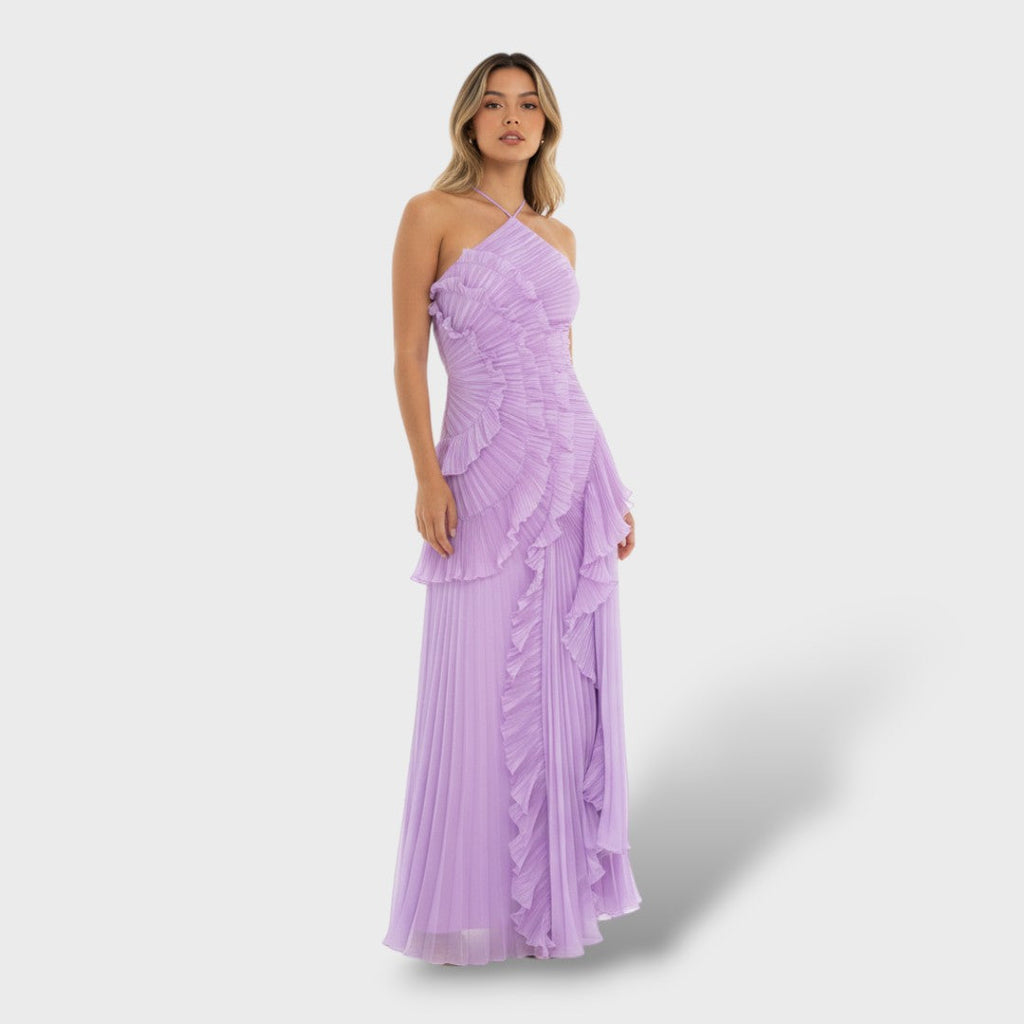 Vestido maxi halter volante abierto